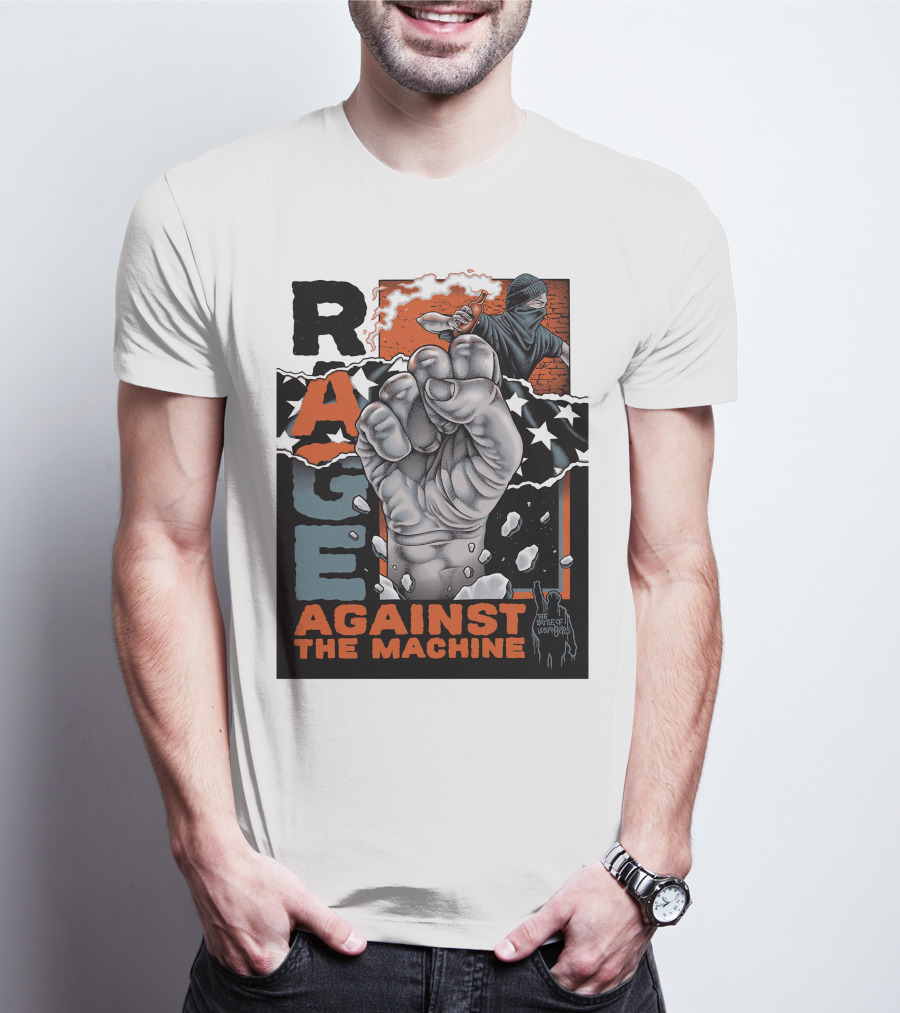 Rage Against The Machine Fist With Star Pattern And Hooded Figure T-Shirt