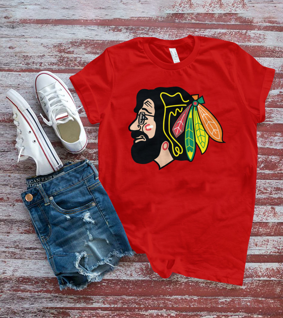 Chicago Blackhawks 1 Portrait With Feathered Headdress On Red T-Shirt