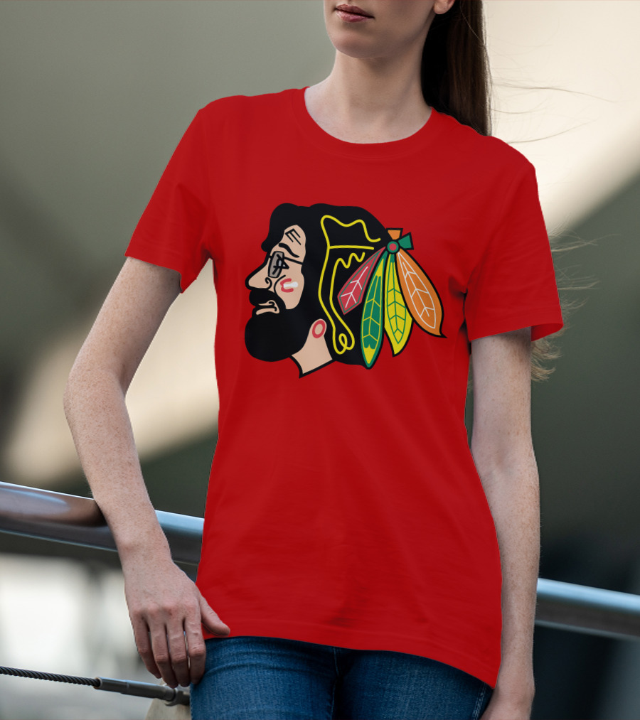Chicago Blackhawks 1 Portrait With Feathered Headdress On Red T-Shirt