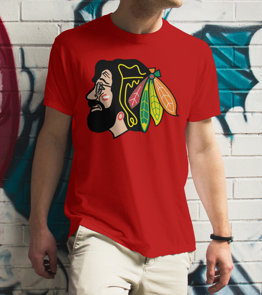 Chicago Blackhawks 1 Portrait With Feathered Headdress On Red T-Shirt