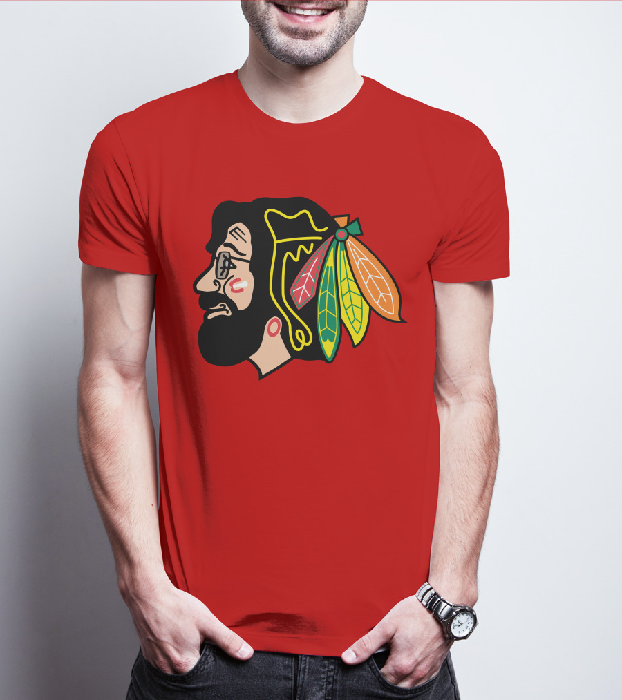 Chicago Blackhawks 1 Portrait With Feathered Headdress On Red T-Shirt