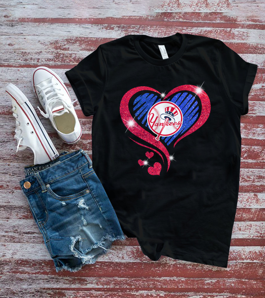 Yankees Shimmering Heart Design With Baseball Logo And Sparkling Red And Blue Elements T-Shirt
