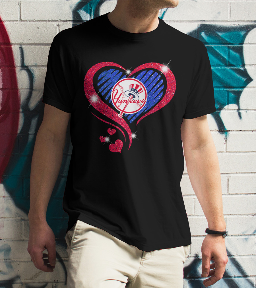Yankees Shimmering Heart Design With Baseball Logo And Sparkling Red And Blue Elements T-Shirt