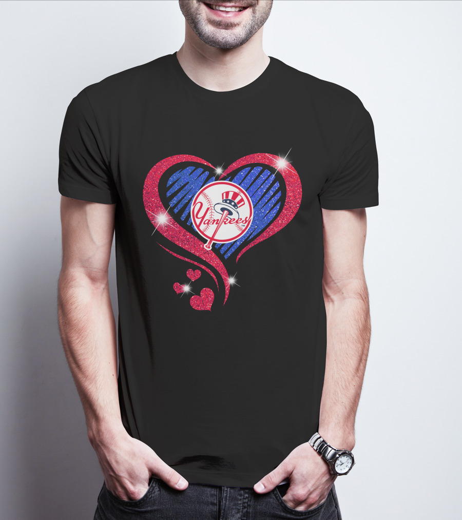 Yankees Shimmering Heart Design With Baseball Logo And Sparkling Red And Blue Elements T-Shirt