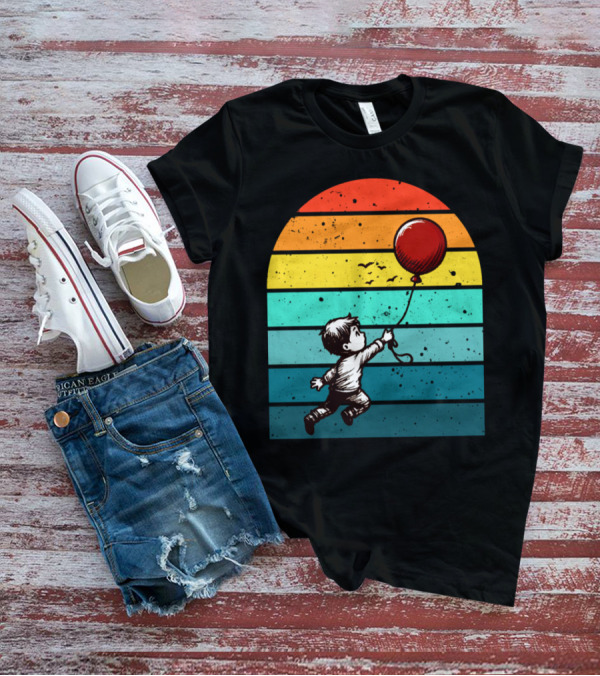 Childhood Nostalgia Boy With Balloon Rainbow Stripes T-Shirt
