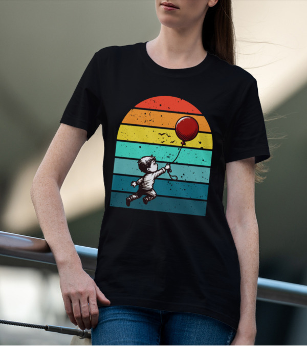 Childhood Nostalgia Boy With Balloon Rainbow Stripes T-Shirt