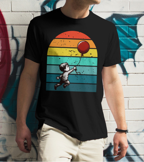 Childhood Nostalgia Boy With Balloon Rainbow Stripes T-Shirt