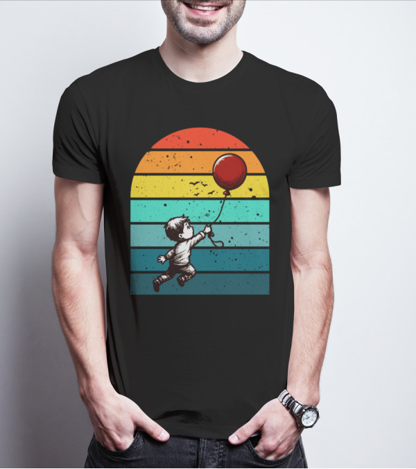 Childhood Nostalgia Boy With Balloon Rainbow Stripes T-Shirt