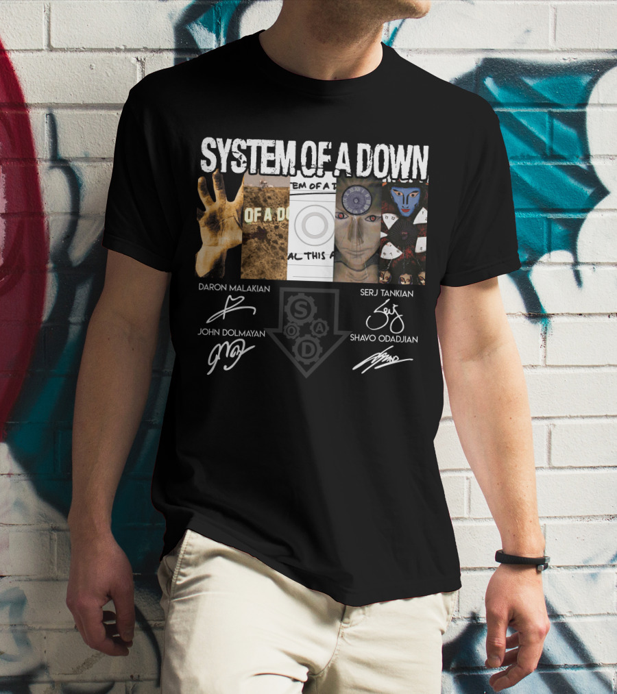 System Of A Down Album Signatures Daron Malakian Serj Tankian John Dolmayan Shavo Odadjian T-Shirt