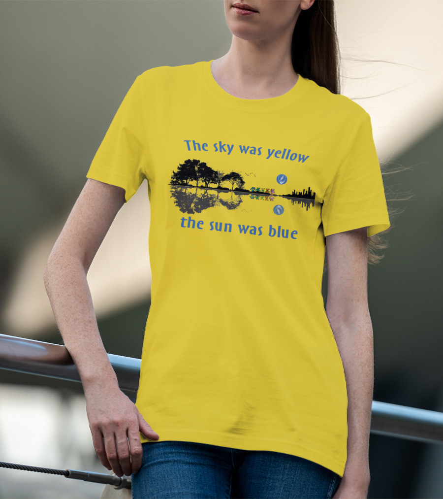 The Sky Was Yellow The Sun Was Blue Reflective Landscape And City Skyline T-Shirt