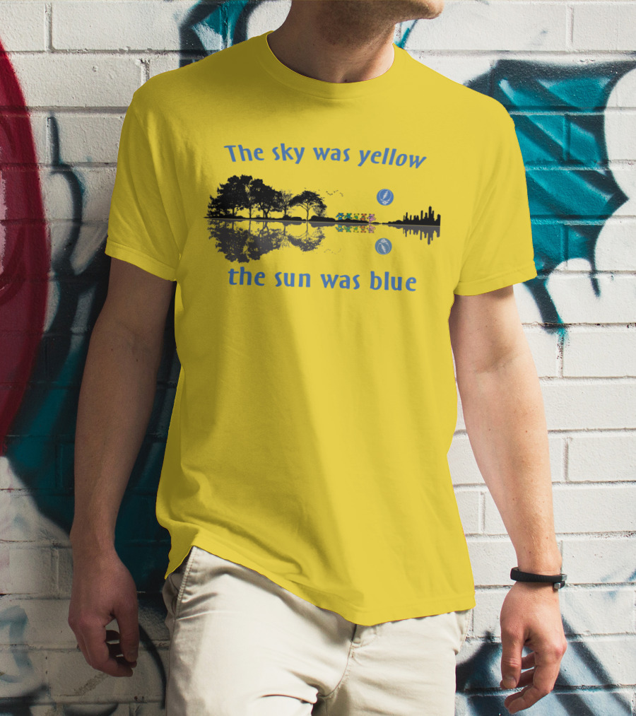 The Sky Was Yellow The Sun Was Blue Reflective Landscape And City Skyline T-Shirt