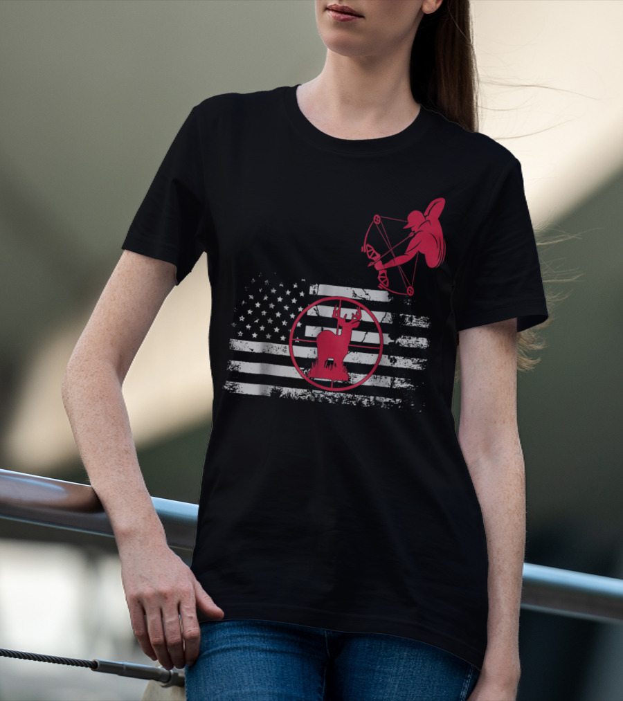 Bow Hunting American Flag Women Hunters Deer Archery T-Shirt
