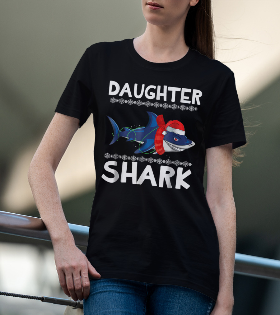 Daughter Shark Christmas Santa Hat Scarf Ugly Sweater Family T-Shirt