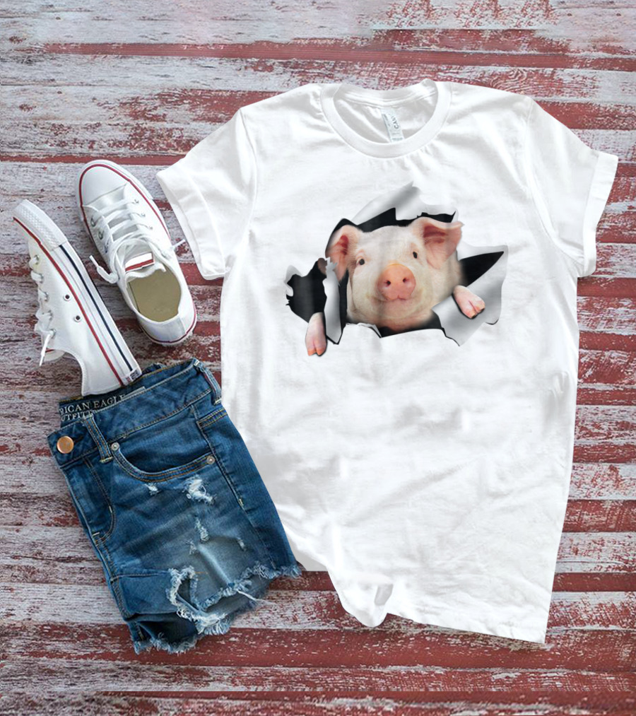 Pig Clawing Through Hole In Background Pig Farmer T-Shirt