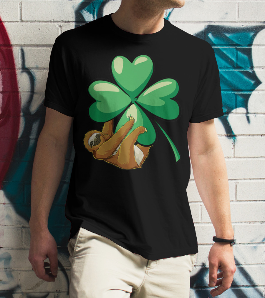 Sloth Hugging Shamrock St Patricks Day Women Girls Lucky Charm T-Shirt