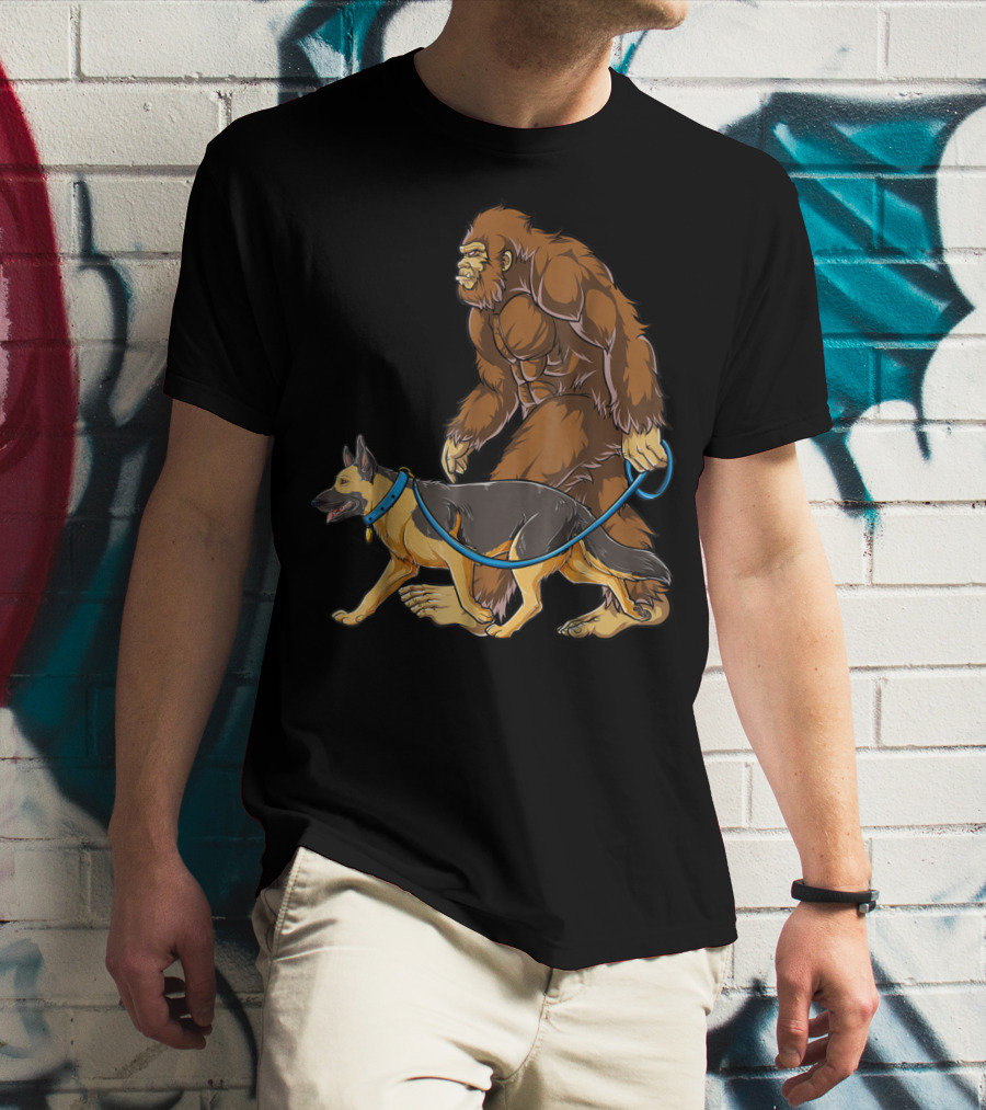 Bigfoot Sasquatch Walking German Shepherd Dog For Kids And Men T-Shirt