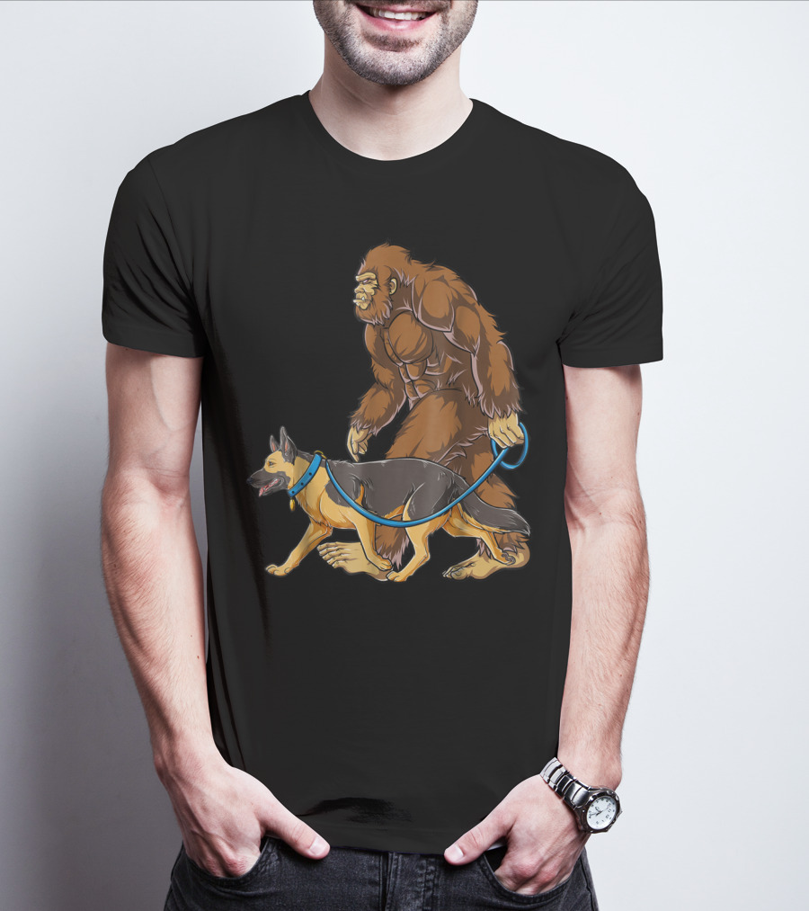 Bigfoot Sasquatch Walking German Shepherd Dog For Kids And Men T-Shirt