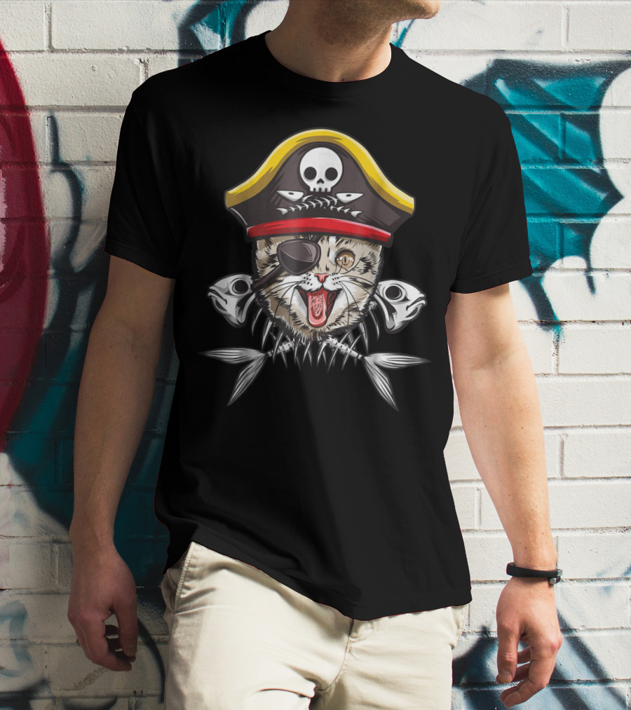 Cat Pirate Jolly Roger Flag Skull Crossbones Captain15 Eye Patch Fish Bones Hat Skull T-Shirt