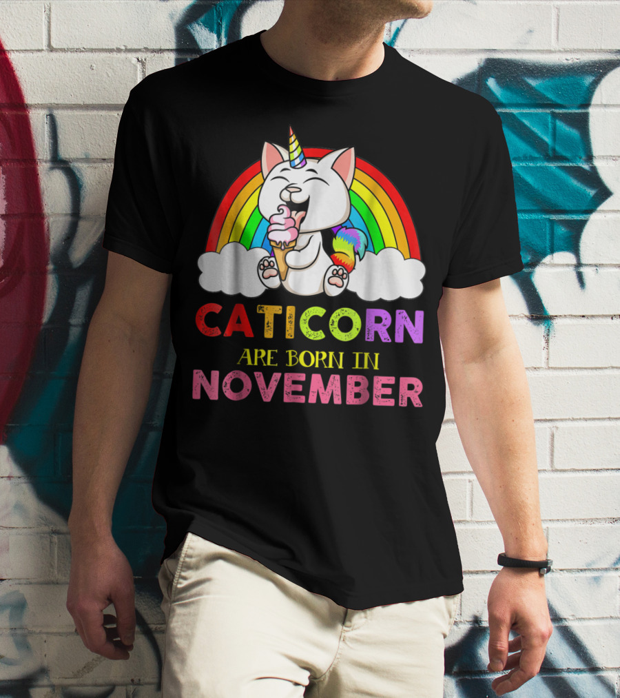 Caticorn Are Born In November Rainbow Ice Cream Cloud Cat Unicorn T-Shirt