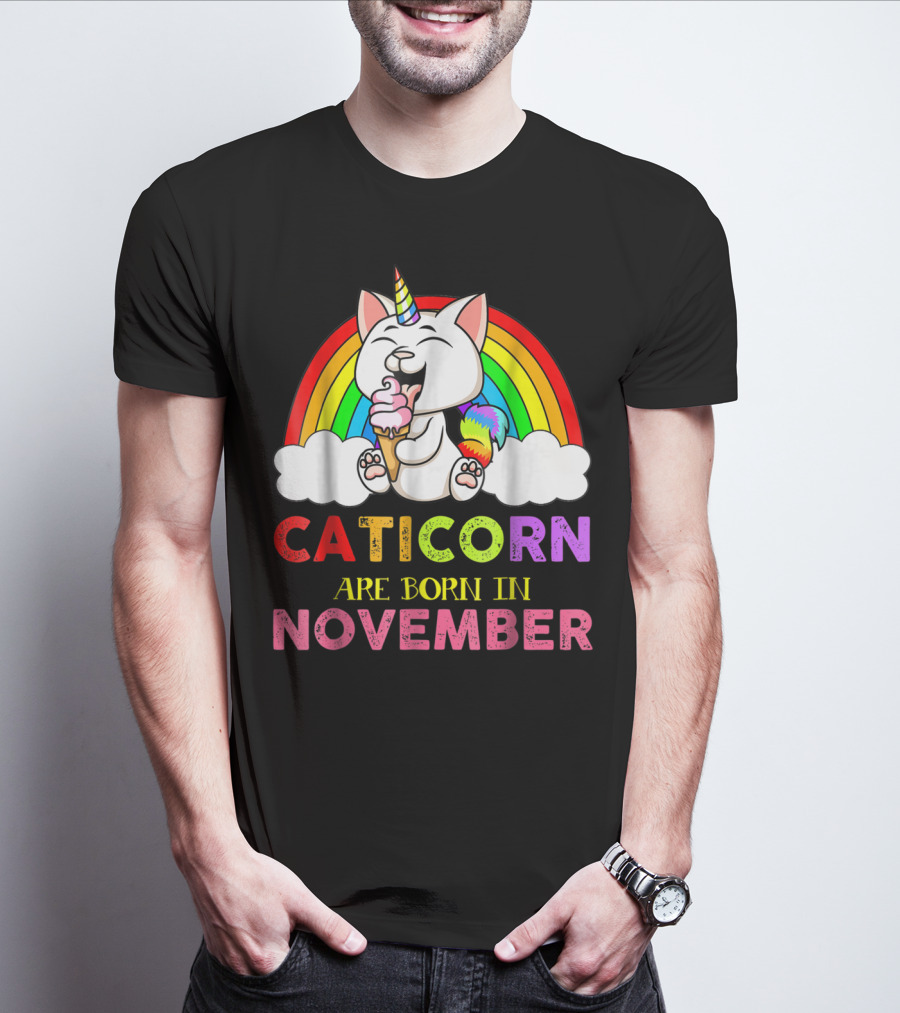 Caticorn Are Born In November Rainbow Ice Cream Cloud Cat Unicorn T-Shirt