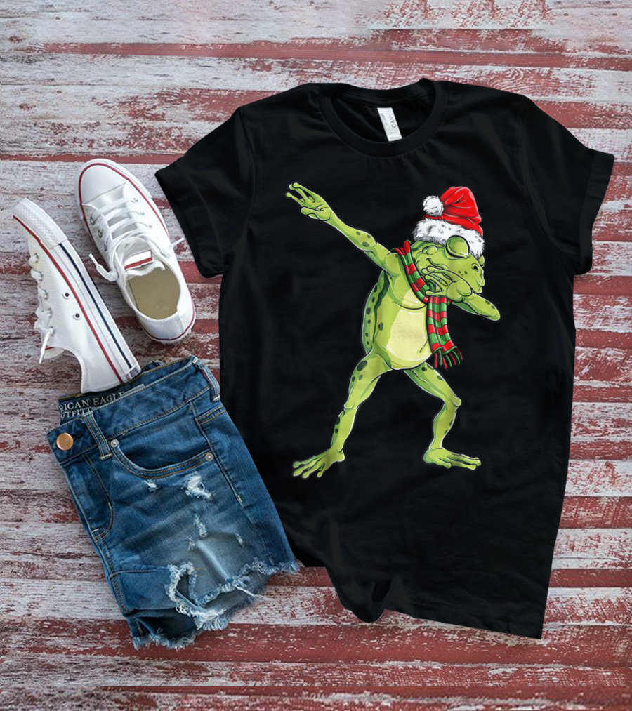 Christmas Dabbing Frog With Santa Hat And Scarf T-Shirt