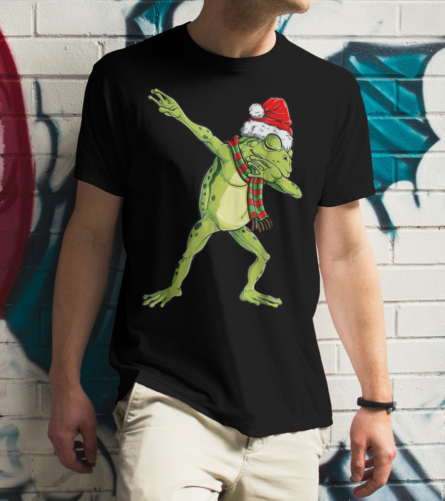Christmas Dabbing Frog With Santa Hat And Scarf T-Shirt