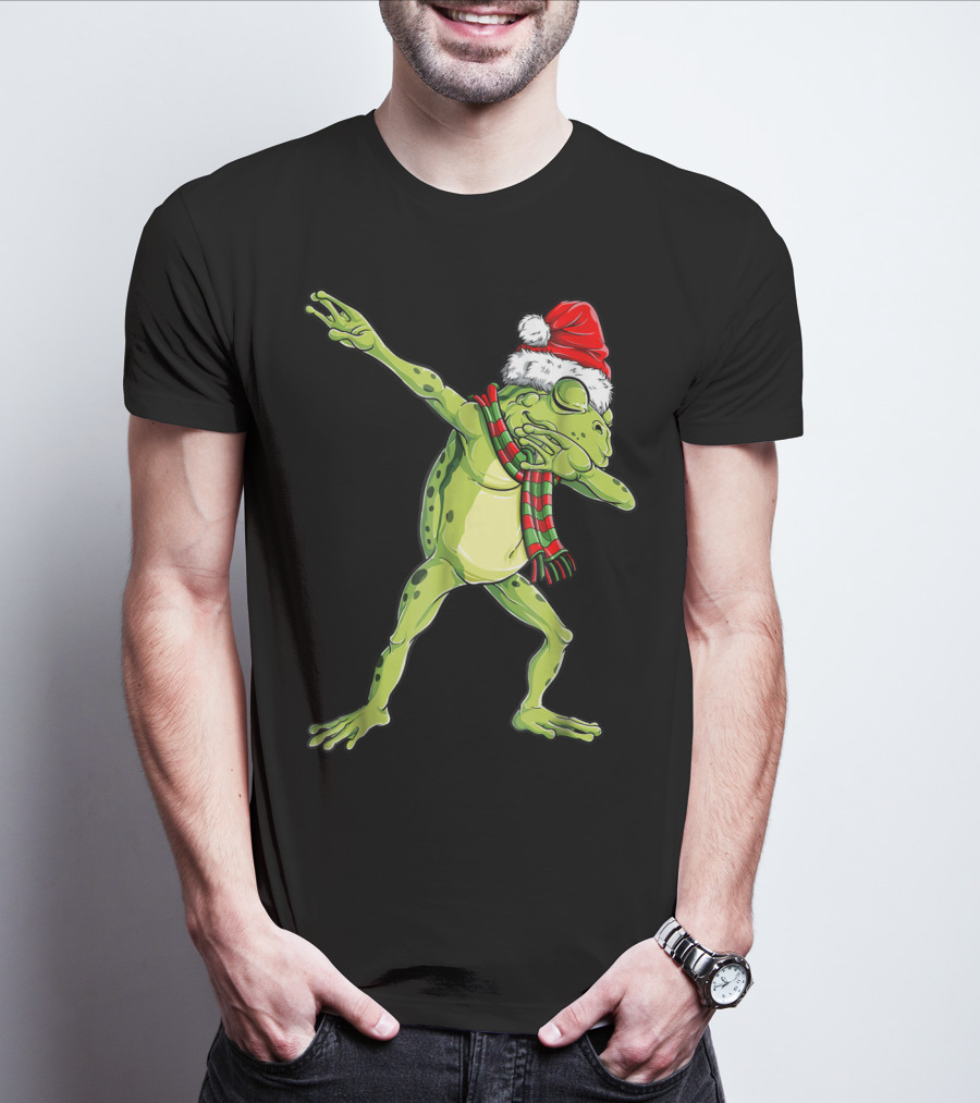Christmas Dabbing Frog With Santa Hat And Scarf T-Shirt