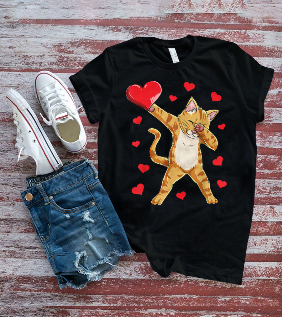 Dabbing Cat Heart Valentines Day Girls Kitten Lover 14 T-Shirt