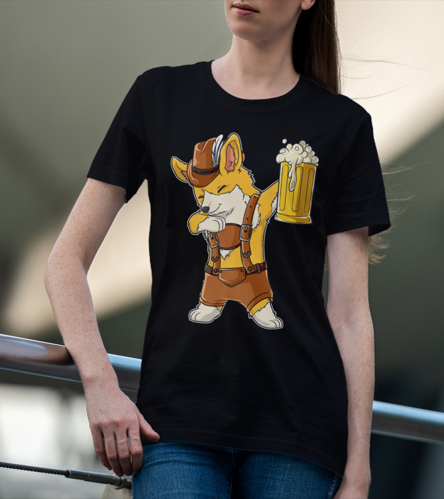Dabbing Corgi In Lederhosen With Beer Mug At Oktoberfest T-Shirt