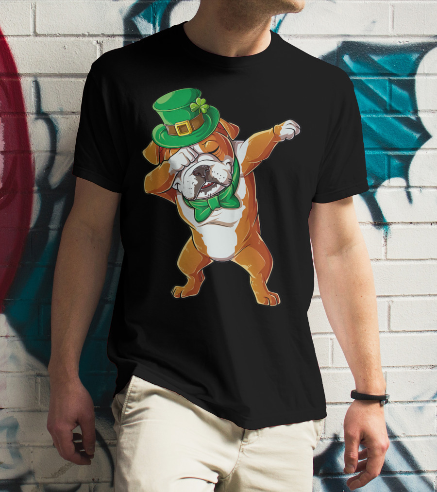 Dabbing English Bulldog St Patricks Day Leprechaun Hat Bow Tie T-Shirt