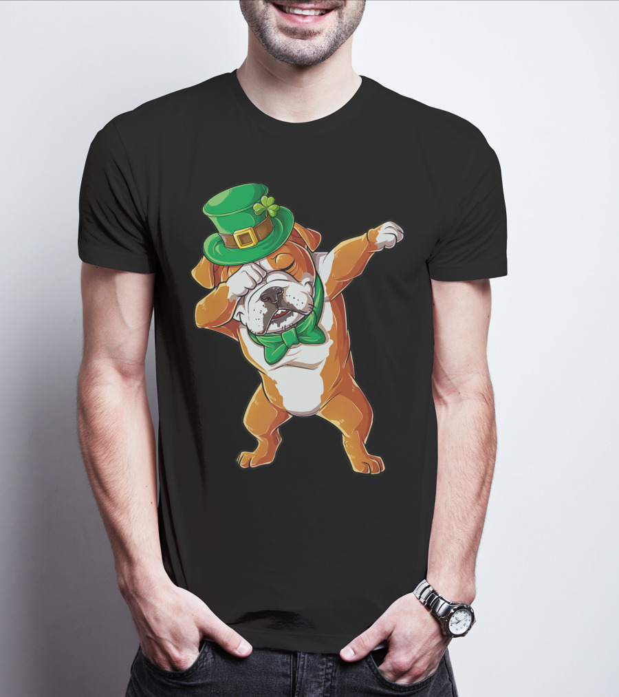 Dabbing English Bulldog St Patricks Day Leprechaun Hat Bow Tie T-Shirt
