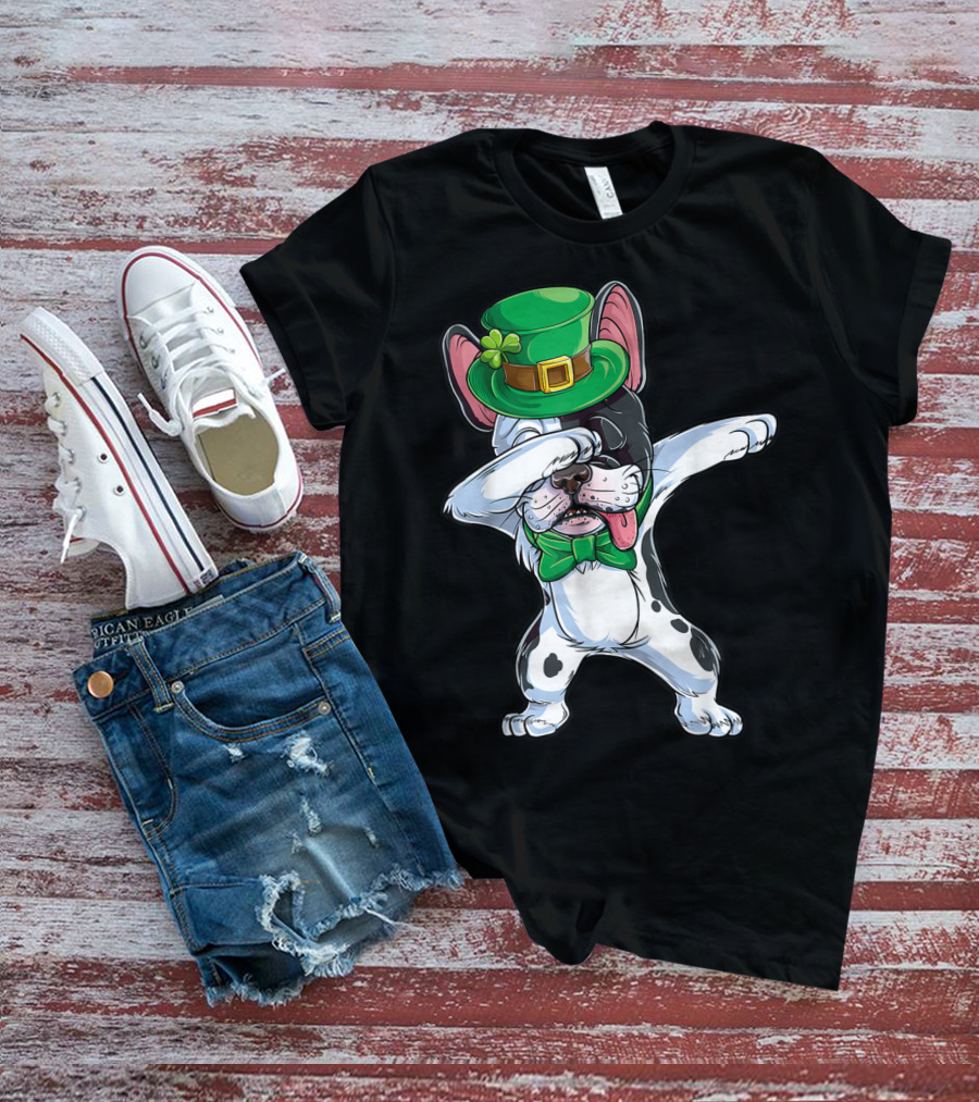 Dabbing French Bulldog St Patricks Day Leprechaun Hat Bow Tie T-Shirt
