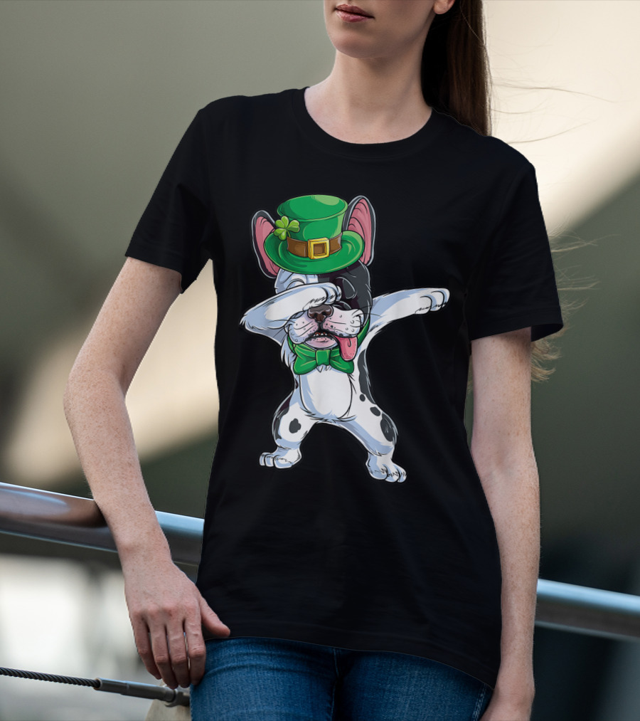 Dabbing French Bulldog St Patricks Day Leprechaun Hat Bow Tie T-Shirt