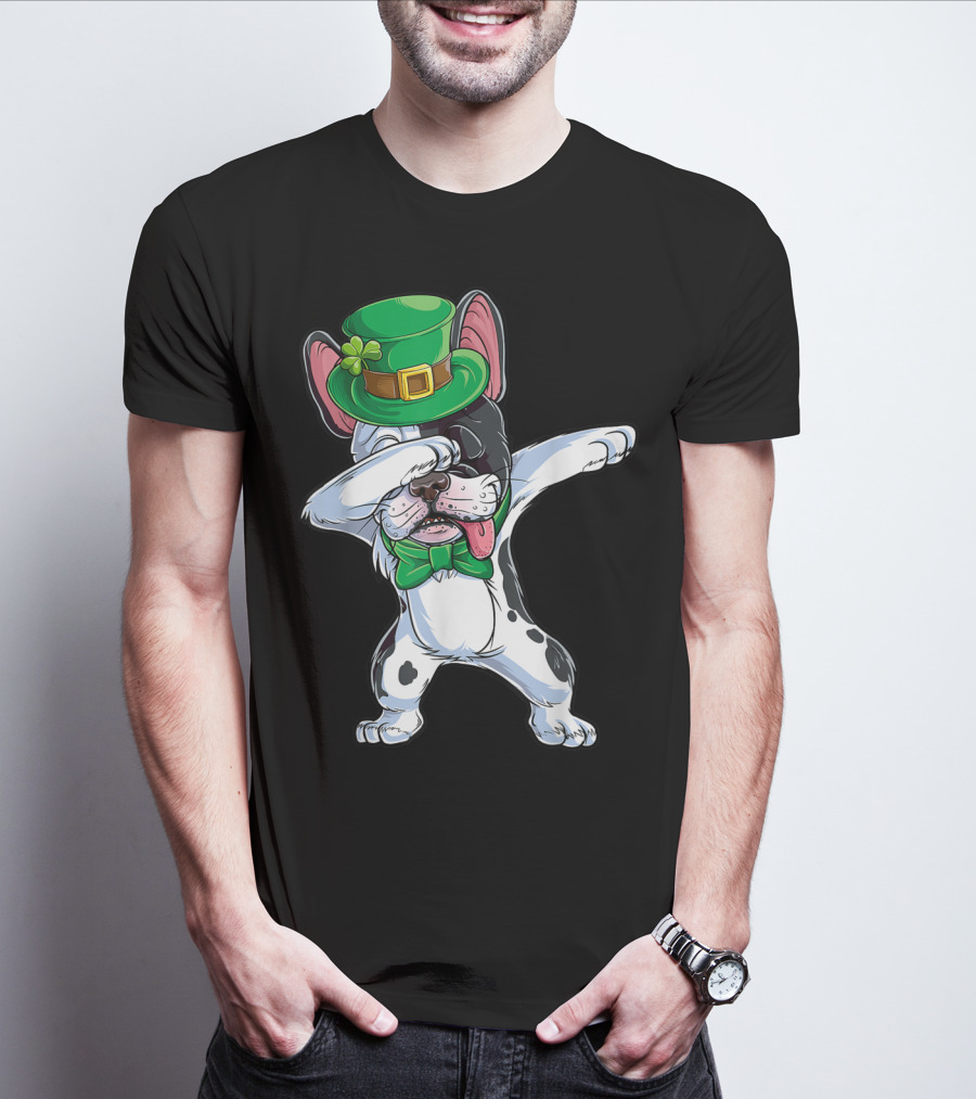 Dabbing French Bulldog St Patricks Day Leprechaun Hat Bow Tie T-Shirt