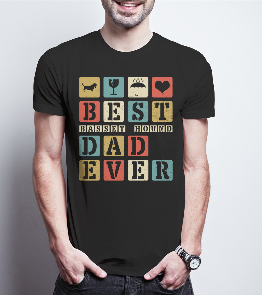 Best Basset Hound Dad Ever Vintage Style76 Retro Blocks T-Shirt