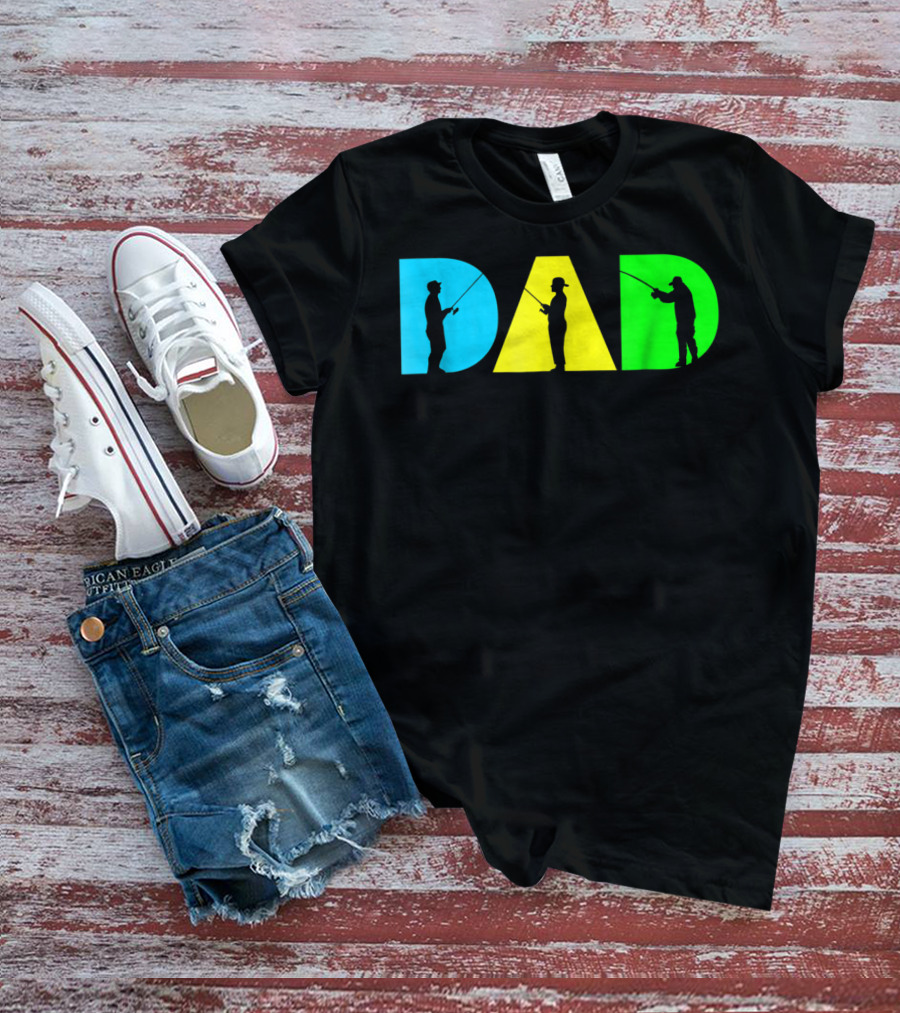 Funny Dad Fishing Silhouette Blue Yellow Green Design Father76 T-Shirt
