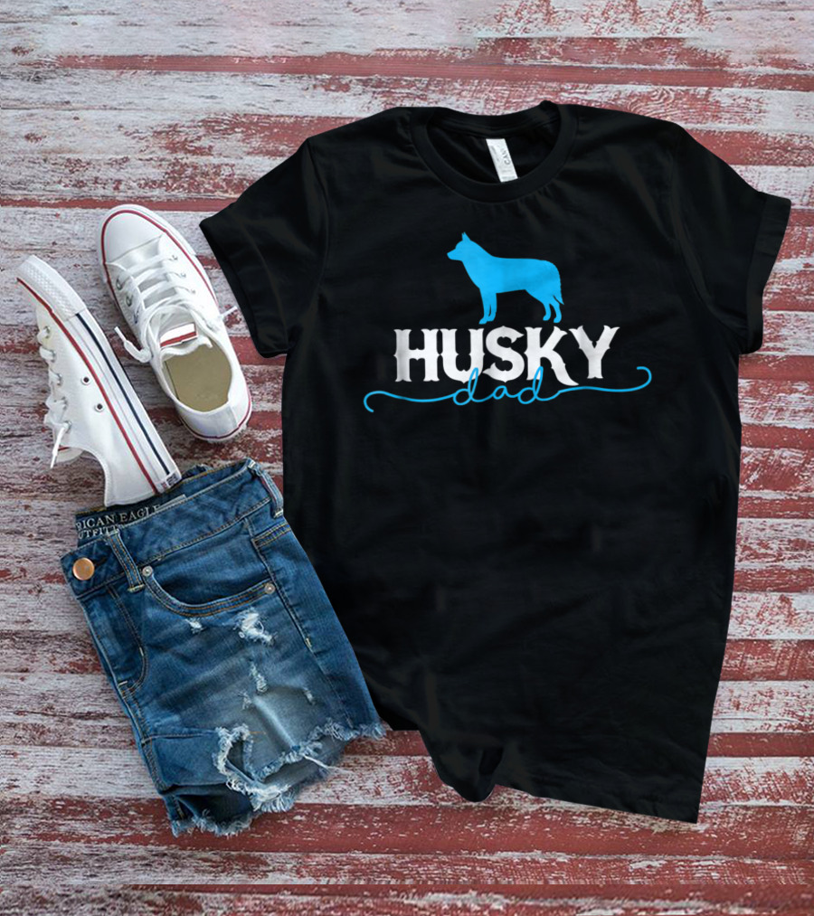 Husky Dad Dog Silhouette Blue And White T-Shirt