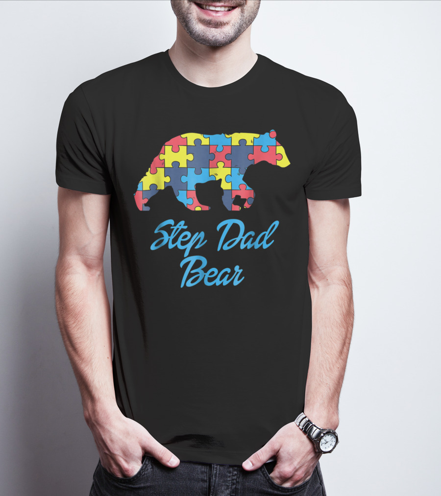 Step Dad Bear Autism Awareness Puzzle T-Shirt