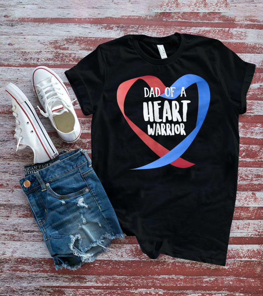 Dad Of A Heart Warrior CHD Awareness Red And Blue Ribbon Heart T-Shirt