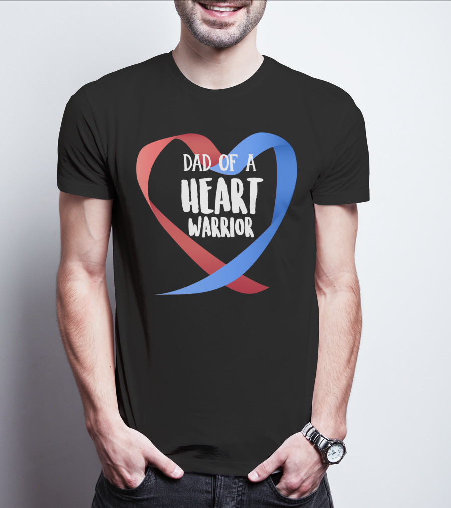 Dad Of A Heart Warrior CHD Awareness Red And Blue Ribbon Heart T-Shirt