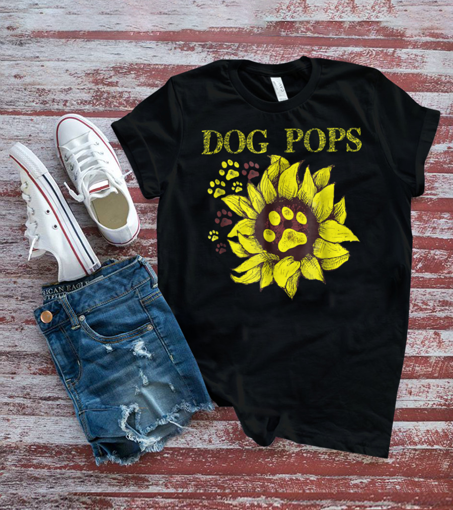 Dog Pops Sunflower Paw Prints Dog Dad T-Shirt