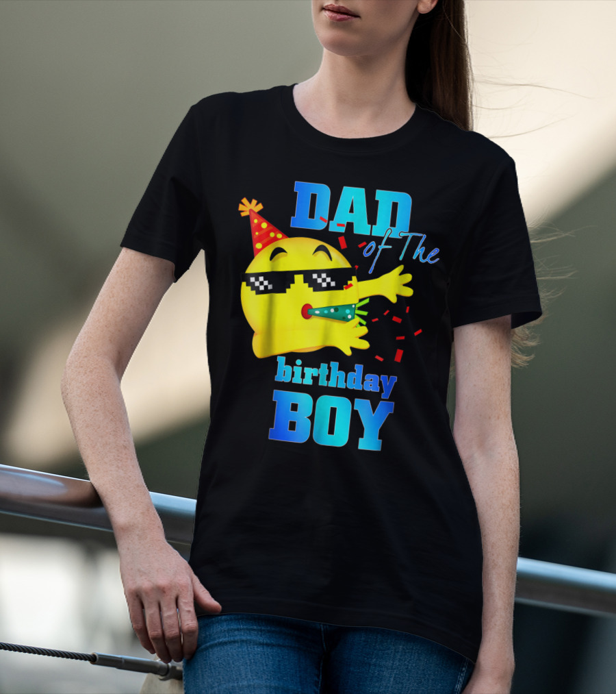 Dad Of The Birthday Boy Dabbing Emoji With Party Hat And Confetti T-Shirt
