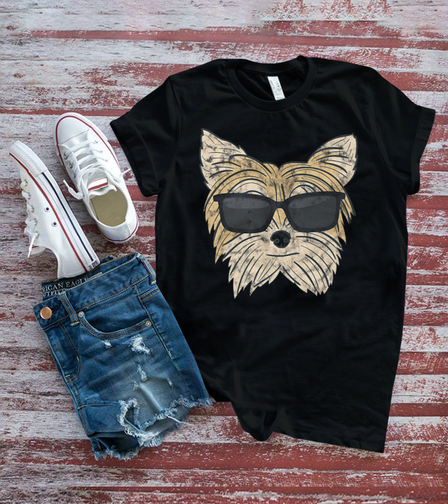 Cool Yorkie Sunglasses Yorkie Poo Dog Face With Shades T-Shirt