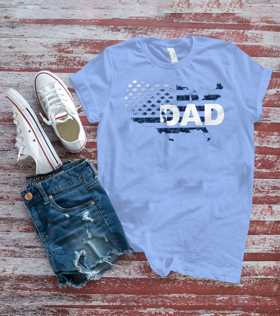 Dad Camouflage Flag Map USA Fish T-Shirt