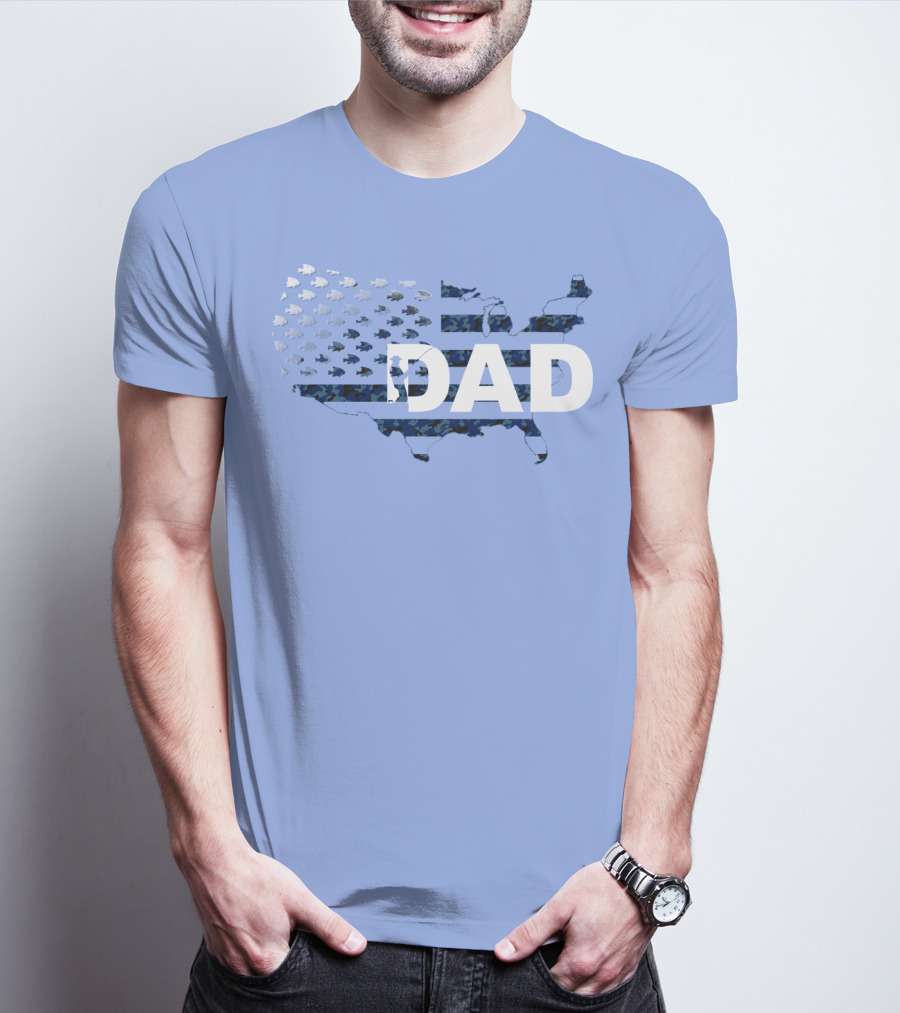 Dad Camouflage Flag Map USA Fish T-Shirt