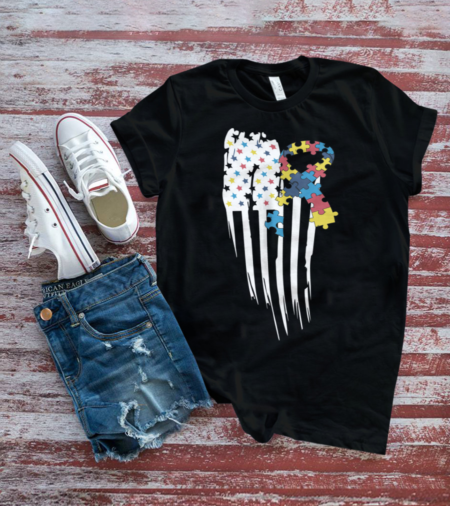 Autism Awareness Month Stars And Stripes Puzzle Ribbon Flag T-Shirt