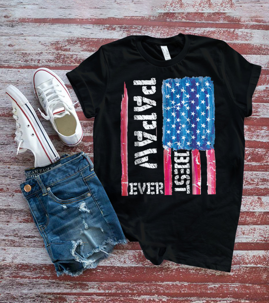 Best Papaw Ever Distressed American Flag Vertical Text And Stars T-Shirt