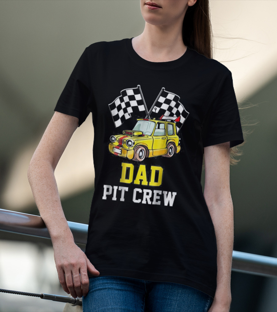 Dad Pit Crew Racing Yellow Car Checkered Flags T-Shirt
