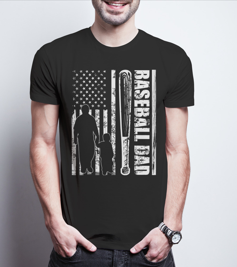 BASEBALL DAD American Flag Bat Father's Day T-Shirt