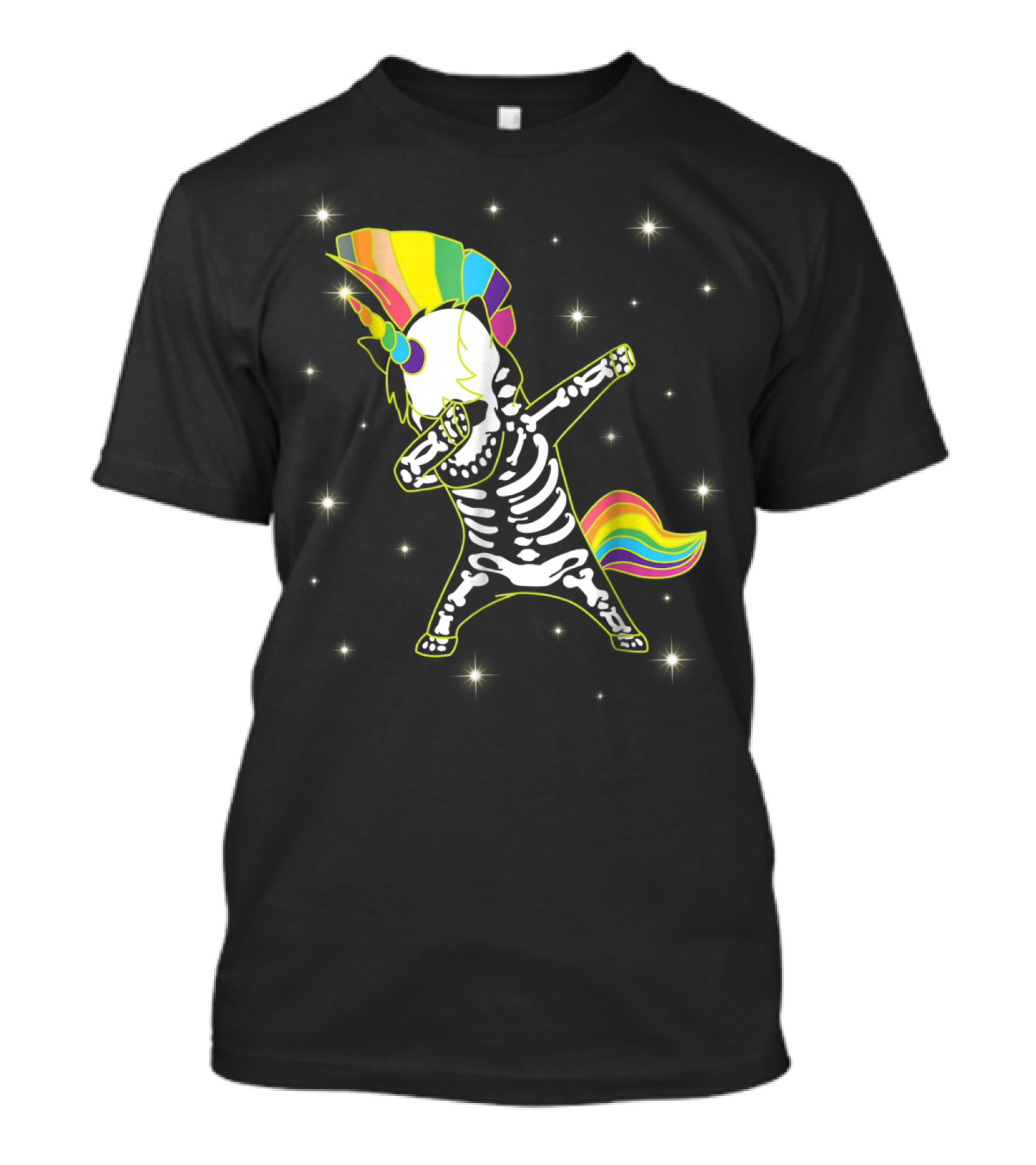 Dabbing Unicorn Skeleton Dad Hip Hop Xray Rainbow Mane Tail Starry Background T-Shirt